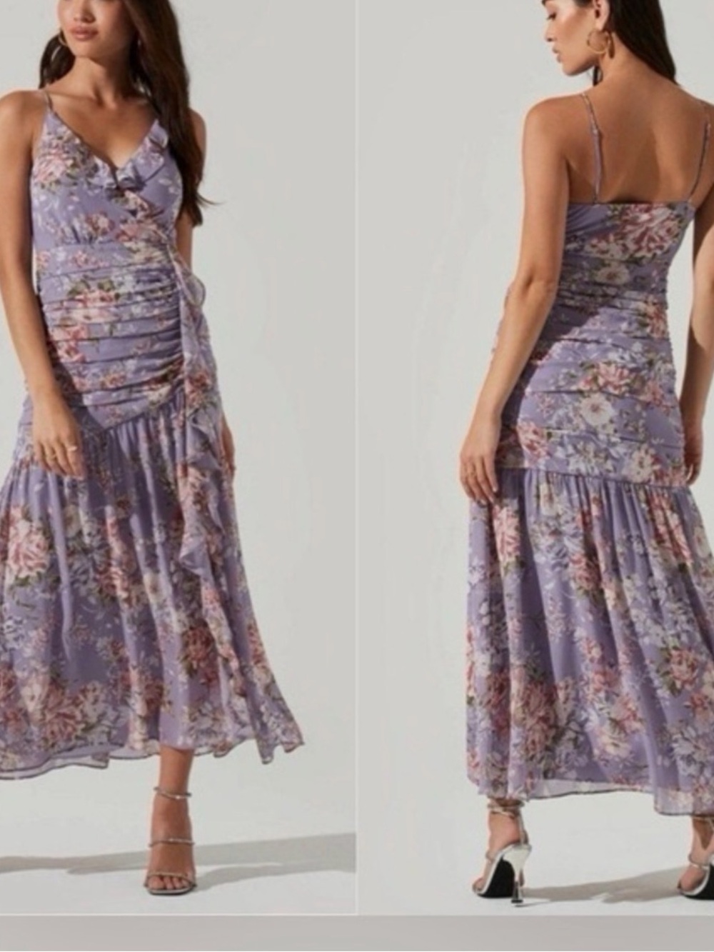 ASTR The Label Lavender Floral Print Ruched Maxi Dress